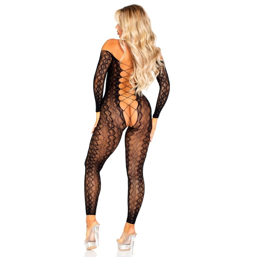 LEG AVENUE - BODYSTOCKING SIN ENTREPIERNA DE ENCAJE DE SERPIENTE EXÓTICA NEGRO