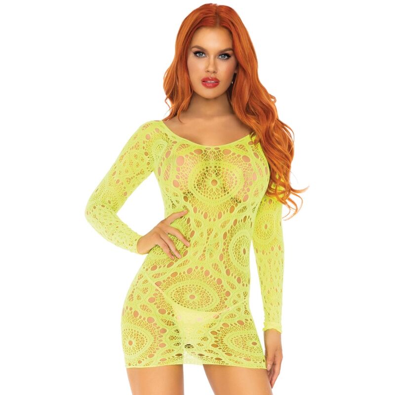 LEG AVENUE - MINI VESTIDO DE ENCAJES MANGA LARGA NEON TALLA ÚNICA